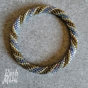 Glass Bead Bracelet (Brown/Iridescent Blue/Silver) - Like New